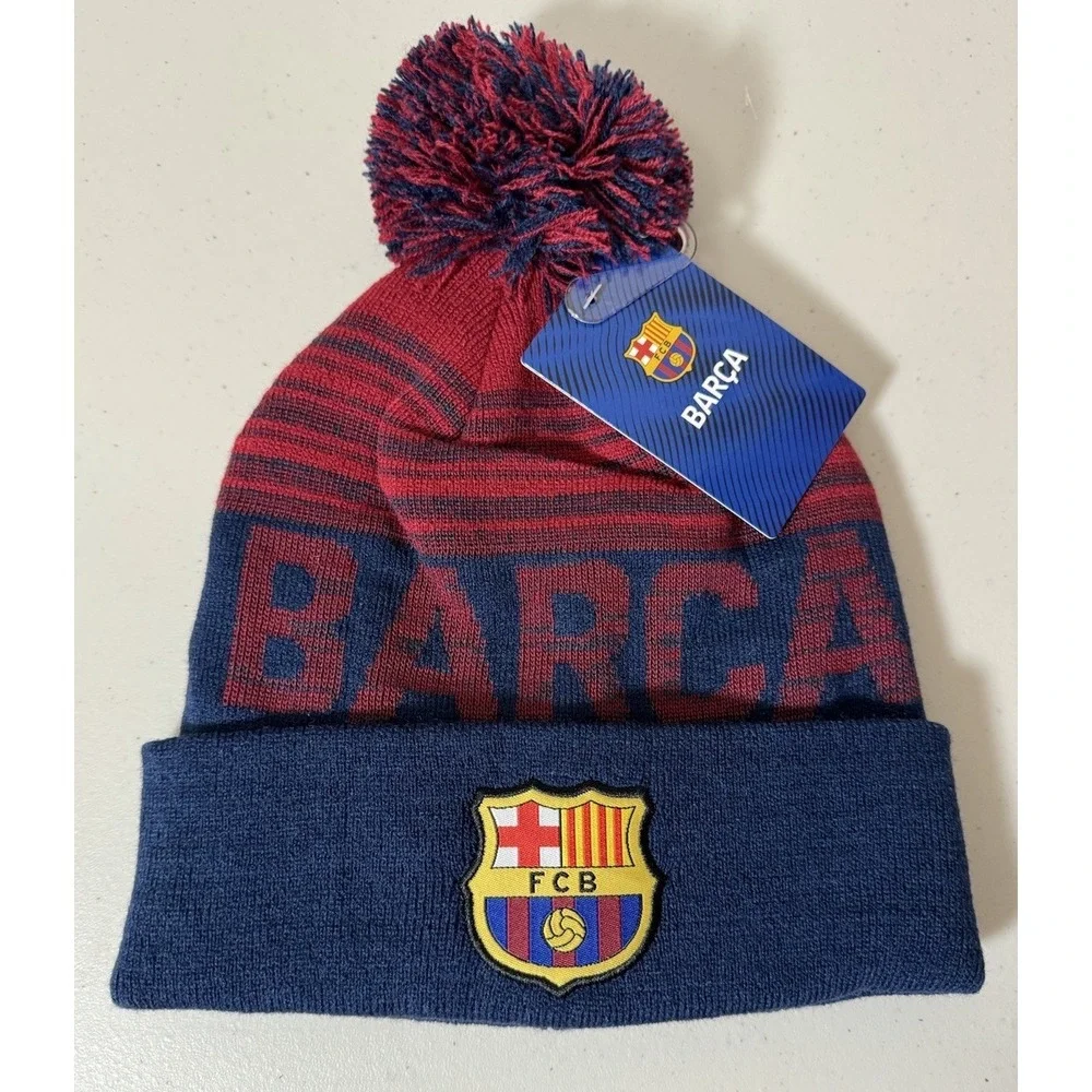 FC Barcelona Soccer Beanie BARCA Unisex Hat Pom Pom‎ One Size Knit NEW